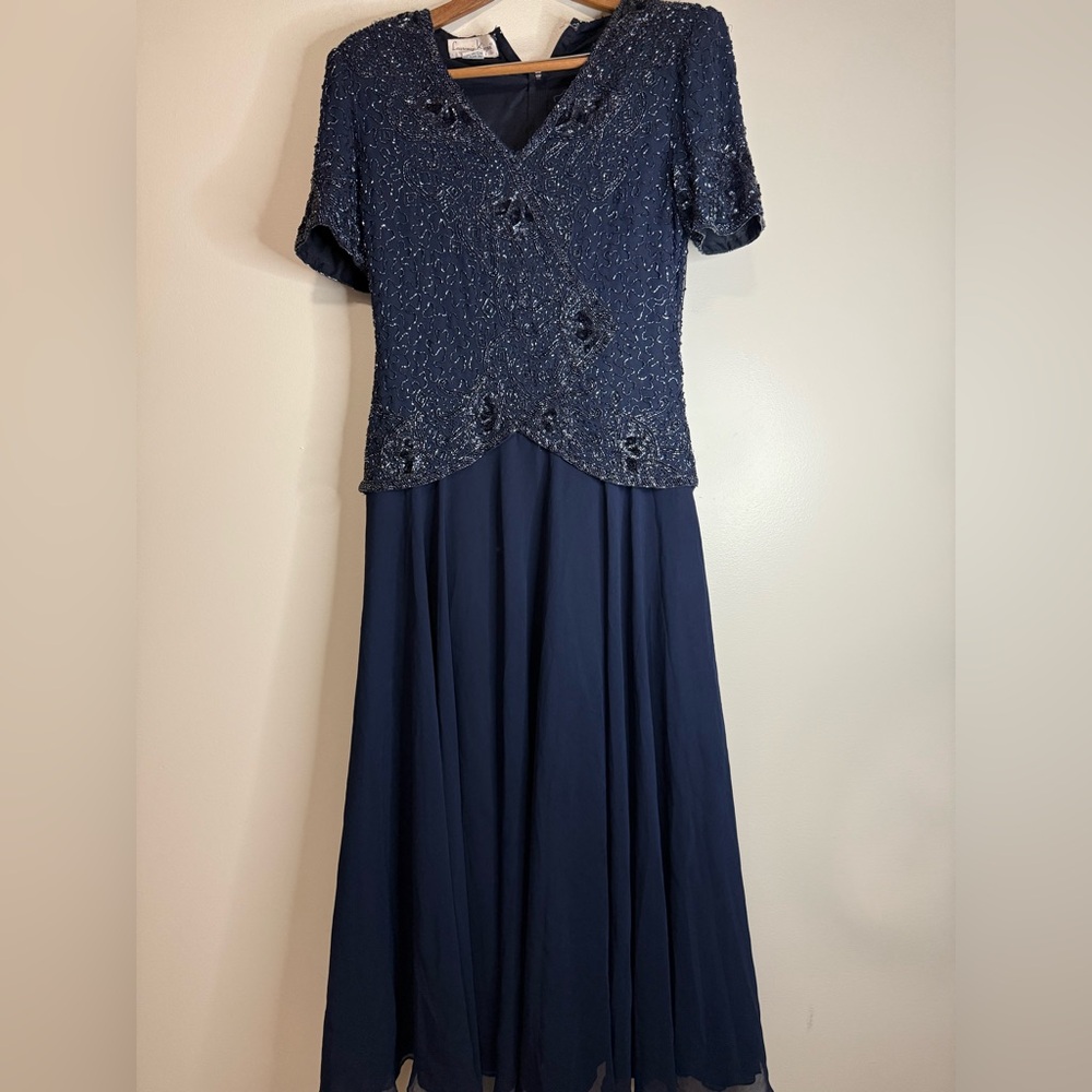 Laurence Kazar Vintage Elegant beaded Navy Blue Evening Dress size small